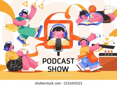 Audio program or online broadcasting illustration of people listening to podcast show while doing different activities, like traveling, studying, having coffee and cooking.