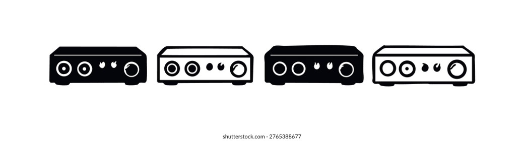 Audio receiver and control panel icons. Black and white vector set for sound technology.
