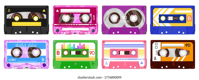 Audio record tapes. Retro 90s music cassette, vintage music mix audio cassette, 80s audio tape isolated vector illustration icon set. Music cassette tape, technology 80s record