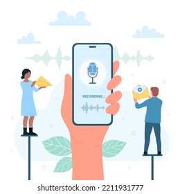 Audio Record And Voicemail Mobile App In Phone Vector Illustration. Cartoon Hand Holding Smartphone With Microphone On Screen To Record Voice Message, Tiny People Send Mail And SMS With Sound