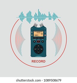 Audio recorder for recording and working with sound. Device for recording and creating sound effects. The image equalizer on the background of the audio recorder.