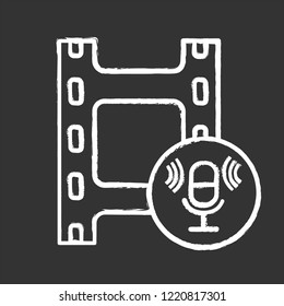 Audio recording chalk icon. Audio tape, cassette. Sound recording. Voice acting. Filmstrip and microphone. Isolated vector chalkboard illustration