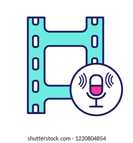 Audio recording color icon. Audio tape, cassette. Sound recording. Voice acting. Filmstrip and microphone. Isolated vector illustration