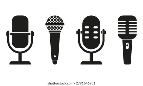 Audio recording equipment element pack with minimalist silhouettes, professional sound tools, radio broadcast gear, and microphones
