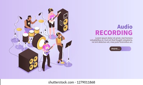 Audio Recording Horizontal Banner With Music Band Playing In Recording Studio Room Using Musical Instruments Isometric Vector Illustration