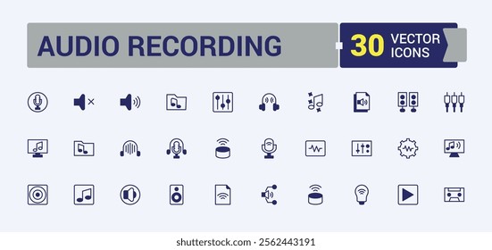 Audio Recording icon set. Related to speaker, set, radio, headphones, record and more. Isolated icons design. Solid line editable stroke. Vector line and solid icons.