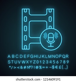 Audio recording neon light icon. Audio tape, cassette. Sound recording. Voice acting. Filmstrip and microphone. Glowing sign with alphabet, numbers and symbols. Vector isolated illustration