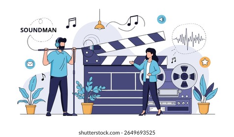 Profissionais de gravação de áudio capturando som em um conjunto de filme com microfone boom e clapperboard para produção