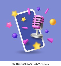 Audio recording screen. Creating music on smartphone. audio blog podcast concept. Mobile phone with audio production app. 3d vector svg