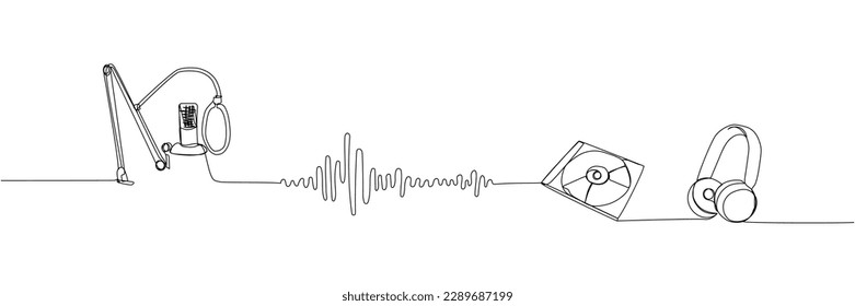 Audio recording set one line art. Continuous line drawing of microphone and pop filter, musical, headphones, sd disk, music waves, broadcasting, karaoke, audio, retro, record, broadcast media