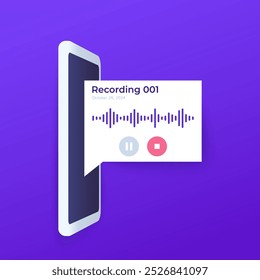 Gravação de áudio, gravação de voz em um telefone, design vetorial