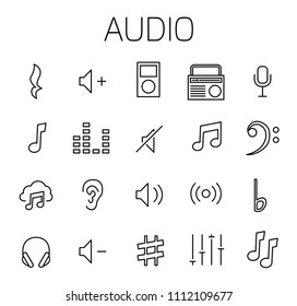 Audio related vector icon set. Well-crafted sign in thin line style with editable stroke. Vector symbols isolated on a white background. Simple pictograms.