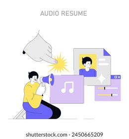 Audio Resume concept. Creative recruitment process with a candidate recording a vocal CV. Modern job application and hiring innovation. Vector illustration.