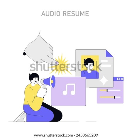 Audio Resume concept. Creative recruitment process with a candidate recording a vocal CV. Modern job application and hiring innovation. Vector illustration.