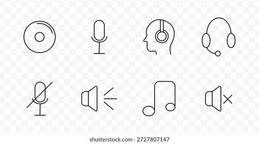 Icono de conjunto de audio. CD, micrófono, cabezal con auriculares, auriculares de Asistencia, micrófono silenciado, altavoz con ondas, nota musical, altavoz silenciado, todo en contornos con temas de sonido mínimos.