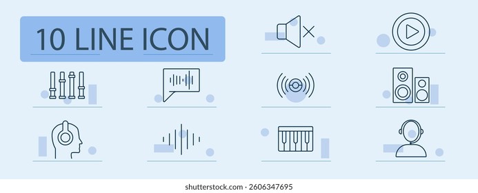 Audio set icon. Speaker, mute, play, comment, headset, waveform, keyboard, equalizer, listener, sound, listening, feedback