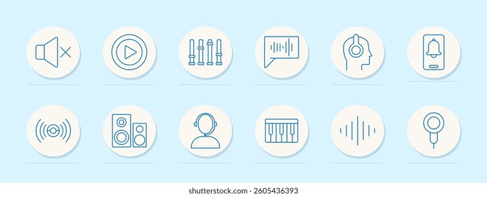 Audio set icon. Volume, mute, headphones, waveform, equalizer, speaker, podcast, music, microphone, stream, sound, record, alert, ringtone, echo, broadcast, listen