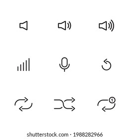 Audio set of icons. Minimalist music control icons. Songs and Music Control UI icons. Shuffle, Repeat Track, Volume and Speaker vector set.  International audio ui set icons.