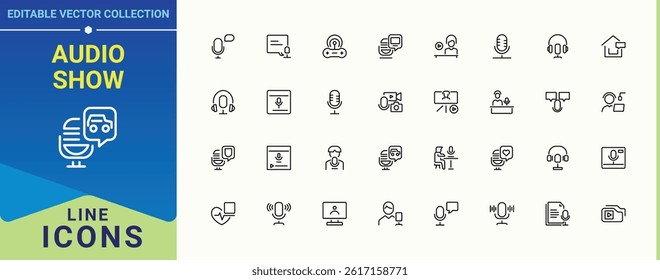 Audio Show icon collection. Contains outline symbols like radio, speech, speaker, record and more. Podcast simple icon set. Outline icons collection. Editable stroke. Vector collection.
