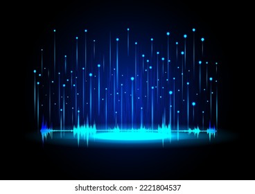 audio signal on a bright stage It has beams and lights and a square bar of sound graph behind it, on a black background.