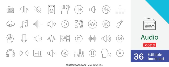 Audio simple stroke icon symbols collection. containing earphones, speakers, record player , radio, mixer, microphone and more thin icon collection