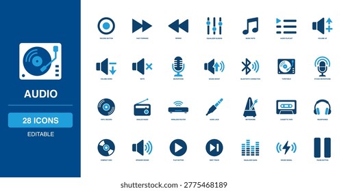 Audio solid icon set featuring stark symbols for record button, equalizer slider, music note, volume control, studio microphone, analog radio, vinyl record disc, and wireless router device.