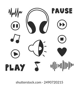 Audio Sound Doodle Icon Symbols Set. Headphones interface buttons musical notes wave hand drawn design elements collection. Vector illustration.