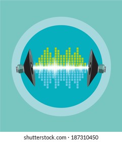 Audio or Sound  Engineering Concept. Electronic Soundwaves travel between 2 speakers. Editable Clip Art.