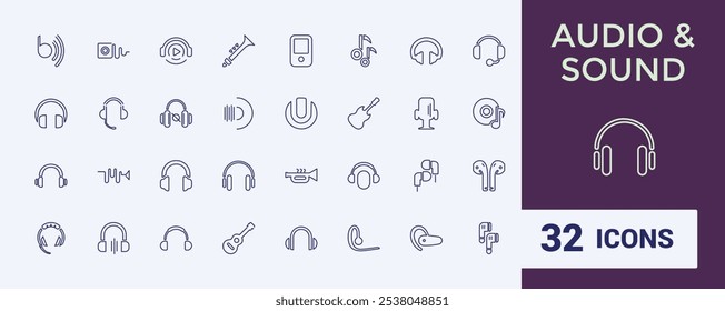 áudio e som final linha web ícone conjunto. Contém relacionados a fone de ouvido, sinal, tocar, mídia, volume, alto-falante. Conjunto de pictogramas de linha. Traçado editável dos ícones de vetor.