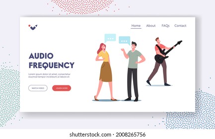 Audio Sound Frequency Wave Landing Page Template. Characters Communicating, Musician Playing Electric Guitar Make Audible Audio Tunes, Noise and Soundwave Resonance. Cartoon People Vector Illustration