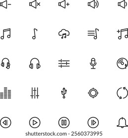 Audio and Sound Icons Set. Editable audio and multimedia line icon set. Vector illustration.
