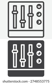 Audio sound mixer console panel line and solid icon set. Outline and solid vector sign. Sound mixer icon symbol with editable stroke representing music mixing equipment.