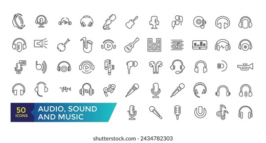 Audio, Sound and Music Icon set. Editable simple line stroke vector icon set,Sound Voulme Process, audio wave, soundbeat, speaker and more.