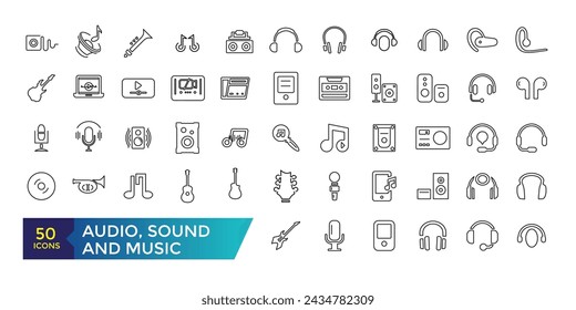 Audio, Sound and Music Icon set. Editable simple line stroke vector icon set,Sound Voulme Process, audio wave, soundbeat, speaker and more.