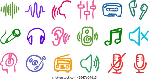 Audio Sound and Music Related Icons Crayon Chalk Drawing Vector Set