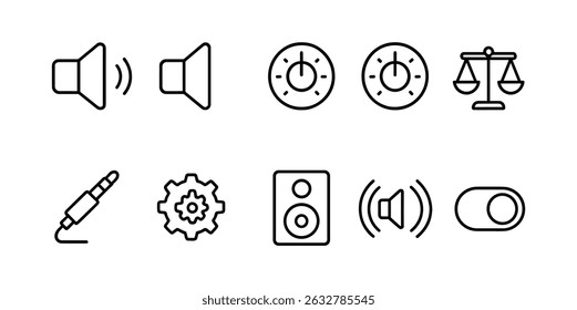 Áudio, definição de ícone de contorno de som - linear, controle de volume, símbolos de alto-falante
