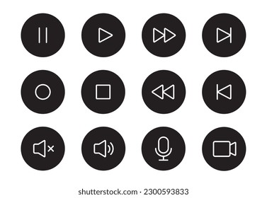 Audio sound, video player button line icon. Music play, sound mute, pause button thin editable line icon set. Microphone, camera, audio pictogram. Vector illustration.