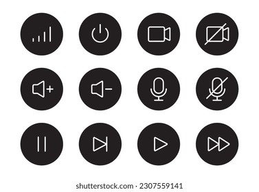 Audio-Sound, Video-Player-Button-Symbol. Musikstück, Tonmute, Pause-Taste in bearbeitbaren Linie Symbol Set. Mikrofon, Kamera, Audio-Piktogramm. Vektorgrafik.