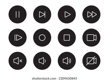 Sonido de audio, icono de la línea del botón del reproductor de vídeo. Reproducción musical, silenciamiento de sonido, botón de pausa juego de iconos de línea editable delgada. Micrófono, cámara, pictograma de audio. Ilustración vectorial.