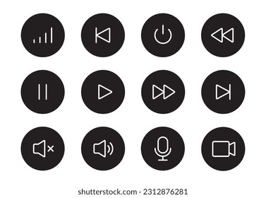 Audio sound, video player button line icon. Music play, sound mute, pause button thin editable line icon set. Microphone, camera, audio pictogram. Vector illustration.