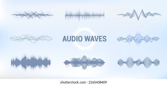 Audio sound wave, Equalizer music visualisation, pulse musical technology in futuristic style. Horizontal Audio equalizer sound, frequency voice graphic. Vector set microphone voice control