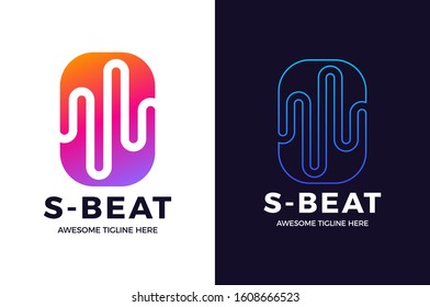 Audio Sound Wave logo template stock vector design. Line abstract music technology logotype. Digital element emblem, graphic signal waveform, curve, volume and equalizer. Vector illustration.