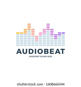 Audio Sound Wave logo template stock vector design. Line abstract music technology logotype. Digital element emblem, graphic signal waveform, curve, volume and equalizer. Vector illustration.