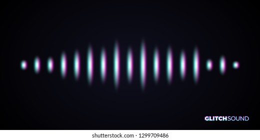 Audio or sound wave with music volume peaks and color glitch effect on blurred line vibrating waveform