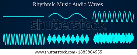 
Audio, sound wave of rhythmic music. Phonics types graphs. With frequency high low, amplitude pitch, note tone voltage, longitude volume. Glow green line rhythm waves. Dark blue background. Vector