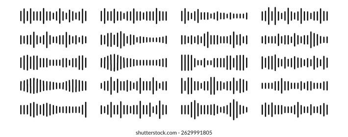 Audio soundwave icon set. Voice message and podcast streaming waveforms. Clean vector illustrations for media apps, music players, and broadcasting.