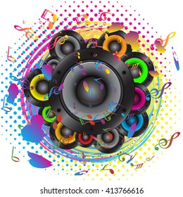 Audio speaker with colorful musical note background