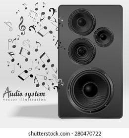 Audio speaker with flying out nones and treble clef. Studio monitor. Subwoofer, front view. Vector illustration.
