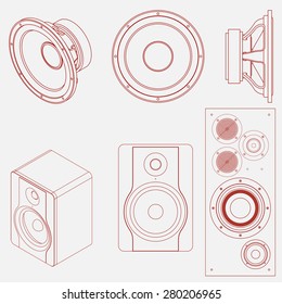 Audio speaker icon. Studio monitor. Subwoofer, front view, isometric view. Vector illustration.