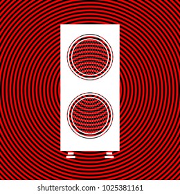 Audio speaker icon. Vector. White icon on red and black radial pattern as background. Isolated.